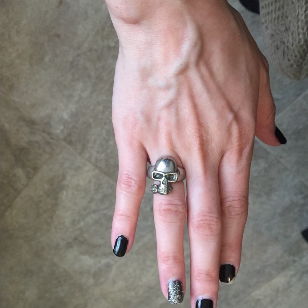 Silver skull rose ring goth hot Topic biker evil